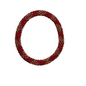 Handmade Beaded Bangle Bracelet Red Orange Silver Boho Roll On Seed Bead Jewelry